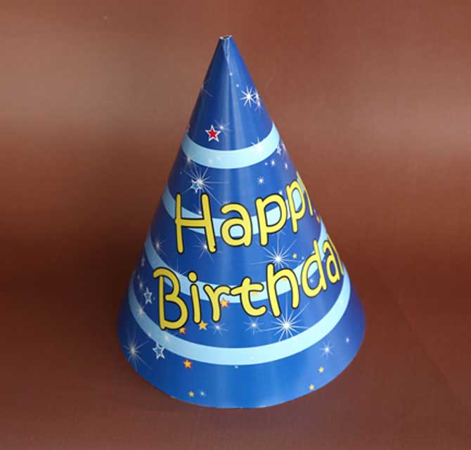 Printed Paper Cone Birthday Cap - Blue