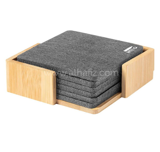 LAAX - eco-neutral RPET Set of 6 Felt Coasters with Bamboo Stand