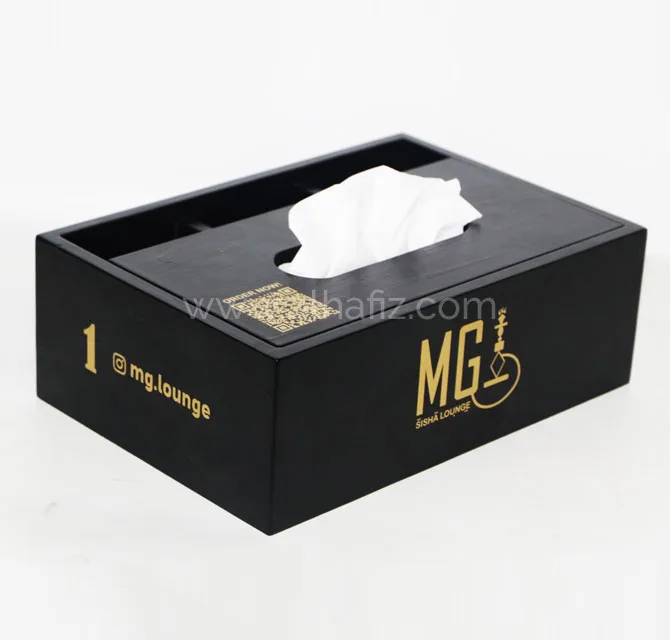 Black Wooden Tissue Box with Gold Logo