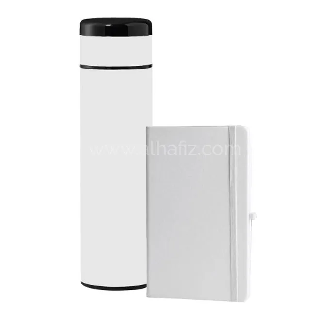 SARGAN - Vacuum Flask with Temperature Lid and Notebook Gift Set - White
