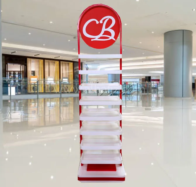 Retail Floor Display Shelf with Round Logo Header